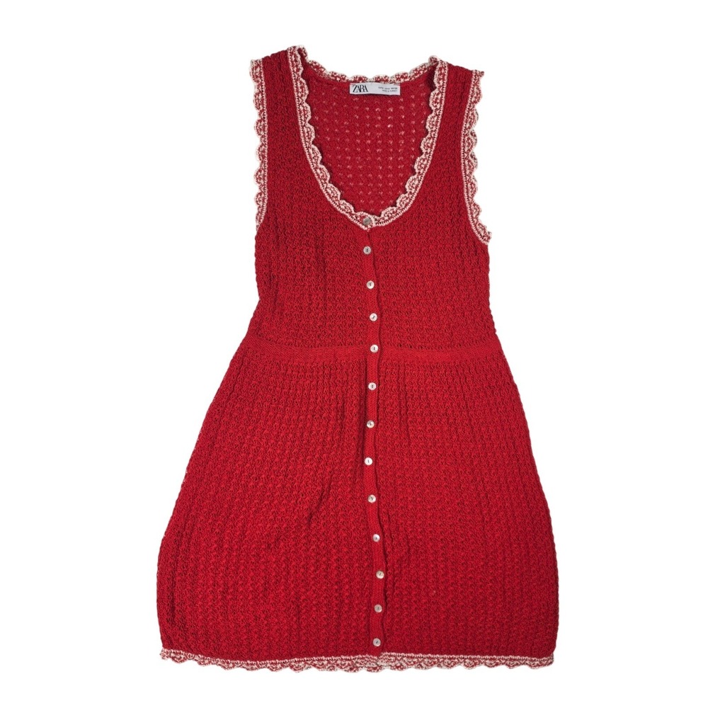 Zara Red Knit Button-Front Dress with Lace Trim